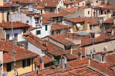 Close-up of red tiled rooftops in Italy.