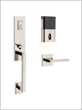 silver square door handle and lock