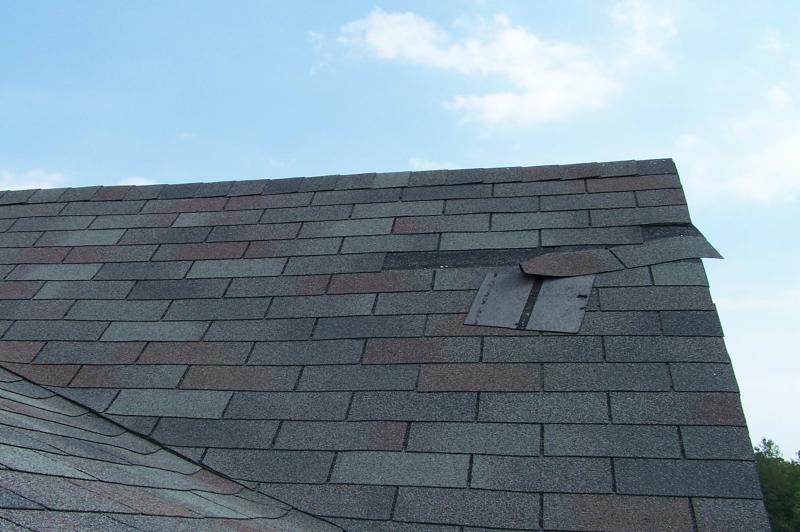 Shingled roof with missing tiles.