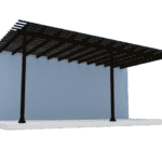 Black pergola with four posts and a slatted roof.