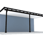 Black metal pergola attached to wall.