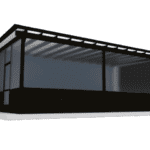 Black modern pergola with glass panels.