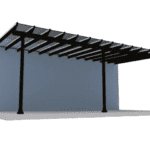 Black pergola attached to a wall.