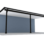 Black metal carport attached to wall.